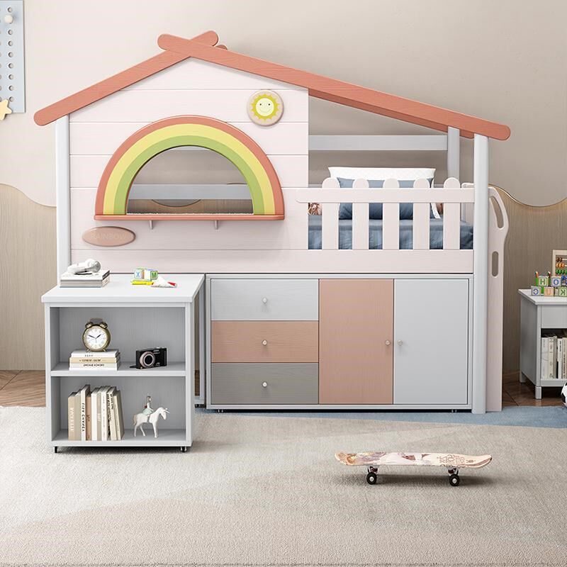 实木儿童床女孩公主床小床书桌书椅衣柜上床下桌多功能组合彩虹床