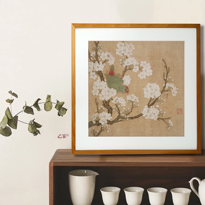 桔子格调梨花鹦鹉榴枝黄鸟图中式原木花鸟挂画卧室床头客厅装饰画