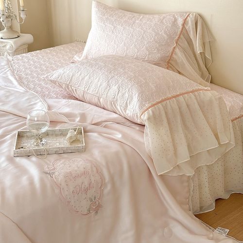 公主风夏季80支兰精天丝床盖三件套浪漫花边夏凉被可水洗空调薄被