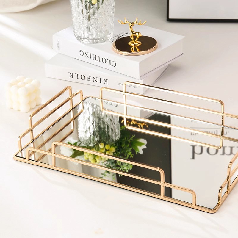 跨境欧式轻奢玻璃托盘客厅茶几镜面茶盘金属电镀水果收纳盘装饰品