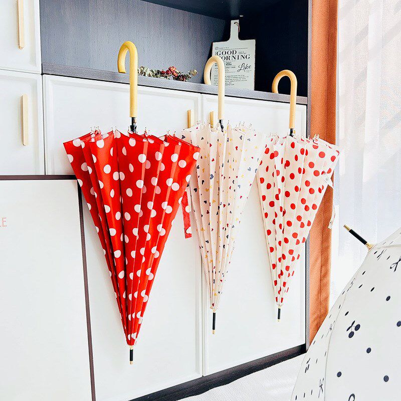 日系实木手柄简约波点16骨自动长柄雨伞超大伞女士抗风加固直柄伞