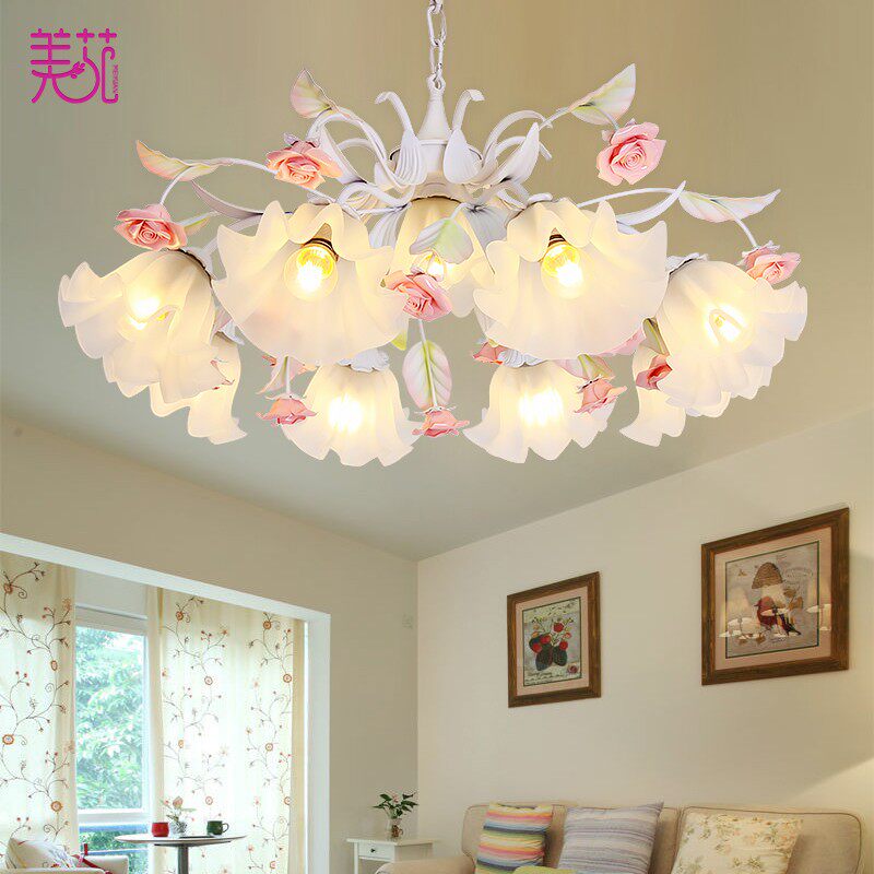 田园风格吊灯创意铁艺花草花朵客厅灯餐厅灯韩式粉色玫瑰花吊灯具