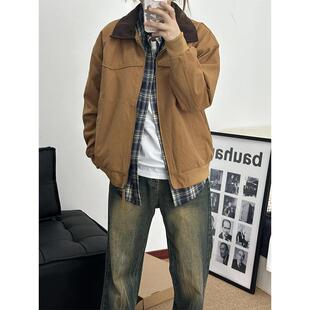 卡其色短款工装外套男春秋款水洗帆布美式复古翻领正肩底特律夹克