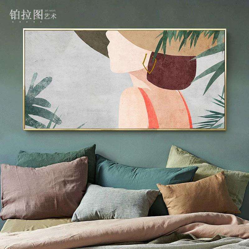现代北欧客厅装饰画文艺小清新手绘美女插画卧室床头挂画油画墙画
