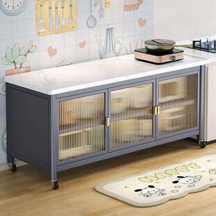 对开门加厚岩板厨房置物架落地多层多功能橱柜微波炉烤箱收纳柜子