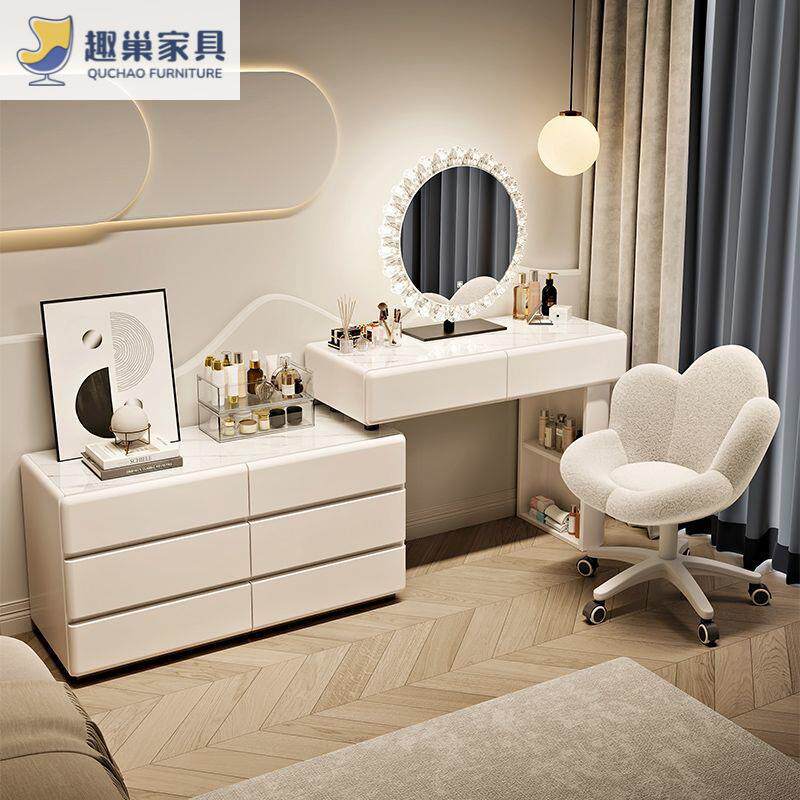 法式奶油风梳妆台家居斗柜一体伸缩梳妆台出租房轻奢卧室梳妆