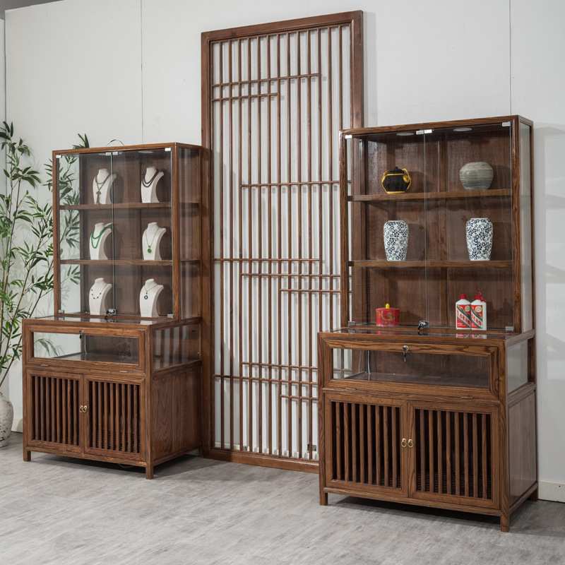 珠宝展示柜榆木榫卯中式复古钱币玉器玻璃柜古董陈列柜壁柜