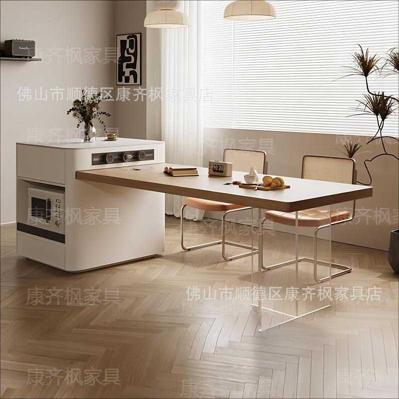 原木奶油风岛台餐桌一体可伸缩现代简约家用小户型厨房微波炉倒台