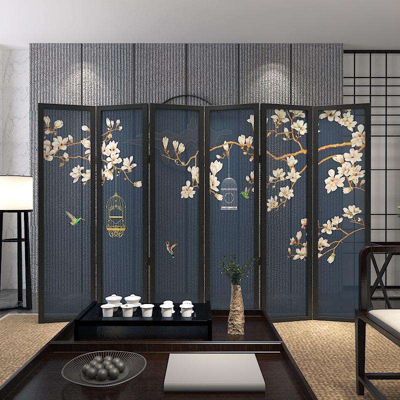 新中式复古古典屏风隔断客厅可移动入户折叠遮挡茶室装饰花鸟折屏