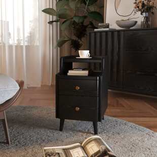 全实木床头柜橡木中古风黑色小茶几简约现代美式法式床头置物柜
