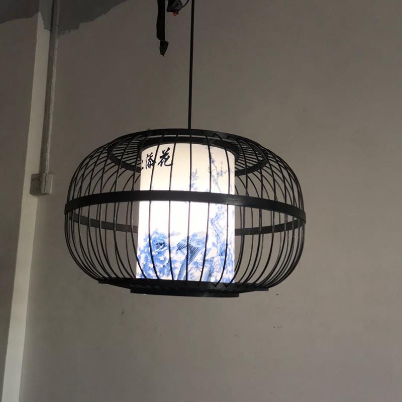创意中式禅意竹编吊灯饭店茶楼民宿黑色竹丝灯笼餐厅吊灯铁丝吊灯