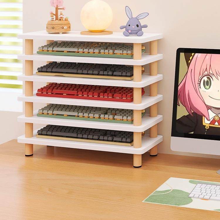 桌面键盘收纳架机械键盘展示架电脑桌上多层置物架木质防尘放置架
