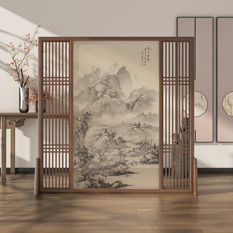 屏风隔断中式客厅办公室酒店餐厅实木禅意镂空入户玄关山水座屏
