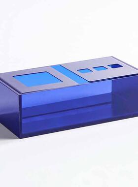 极简蓝色方形亚克力金属多功能文具装饰品收纳盒纸巾盒样板间摆件