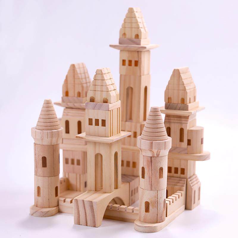 木制早教原木色城堡建筑拼搭积木儿童叠叠高拼装形状认知益智玩具
