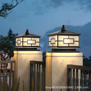 新中式太阳能柱头灯全铜别墅大门柱子灯防水家用围墙庭院灯接电款