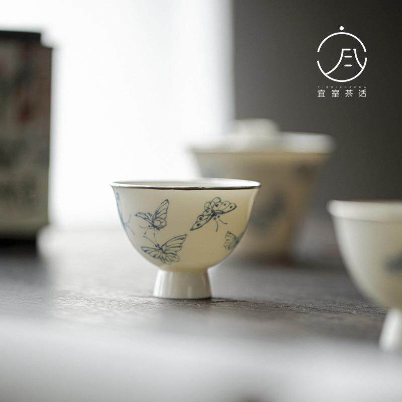 季度窑青花包银口白瓷主人杯手绘雨蝶高足茶杯手工薄胎文人器