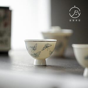 季度窑青花包银口白瓷主人杯手绘雨蝶高足茶杯手工薄胎文人器