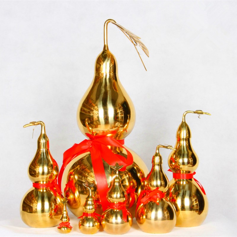 风水纯铜葫芦摆件镇宅招财有叶光面葫芦工艺礼品家居办公装饰摆设