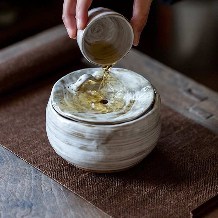 手工粗陶建水 创意茶道配件加盖茶渣斗 复古陶瓷茶具壶承水盂