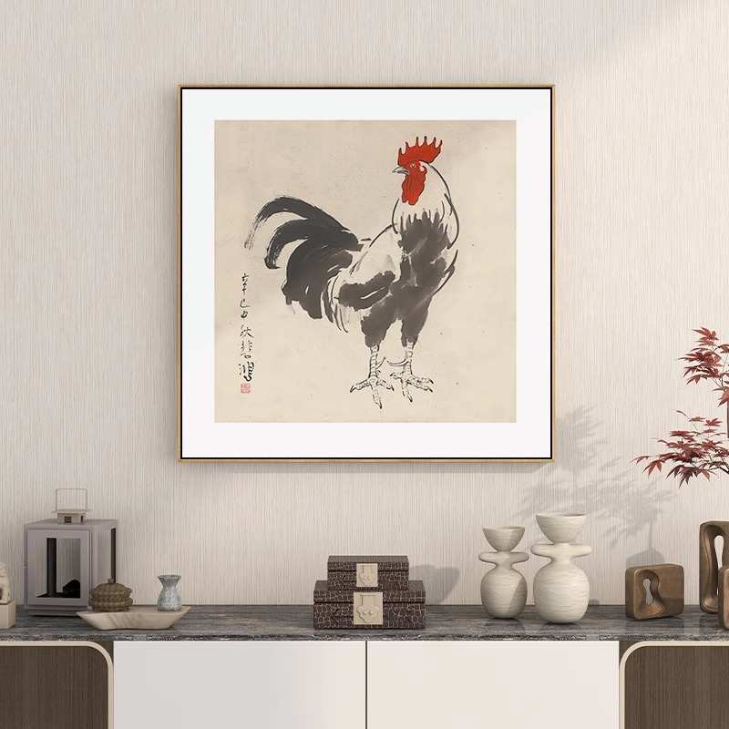 徐悲鸿国画鸡鸣富贵图大公鸡水墨画客厅玄关装饰画书房茶室挂画框