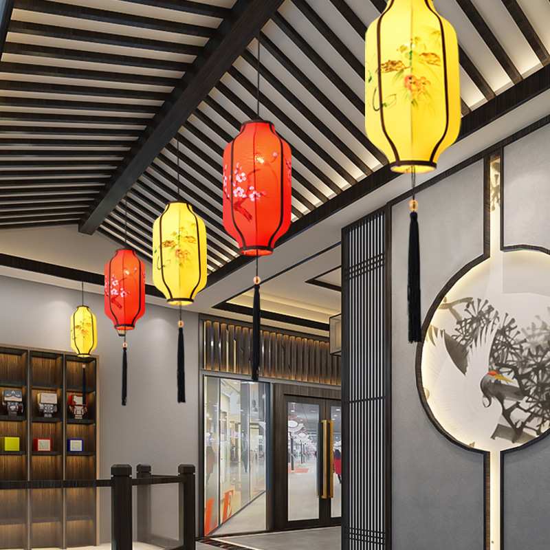 中式布艺手绘灯笼仿古典宫灯餐厅茶楼过道创意冬瓜长形布艺吊灯具