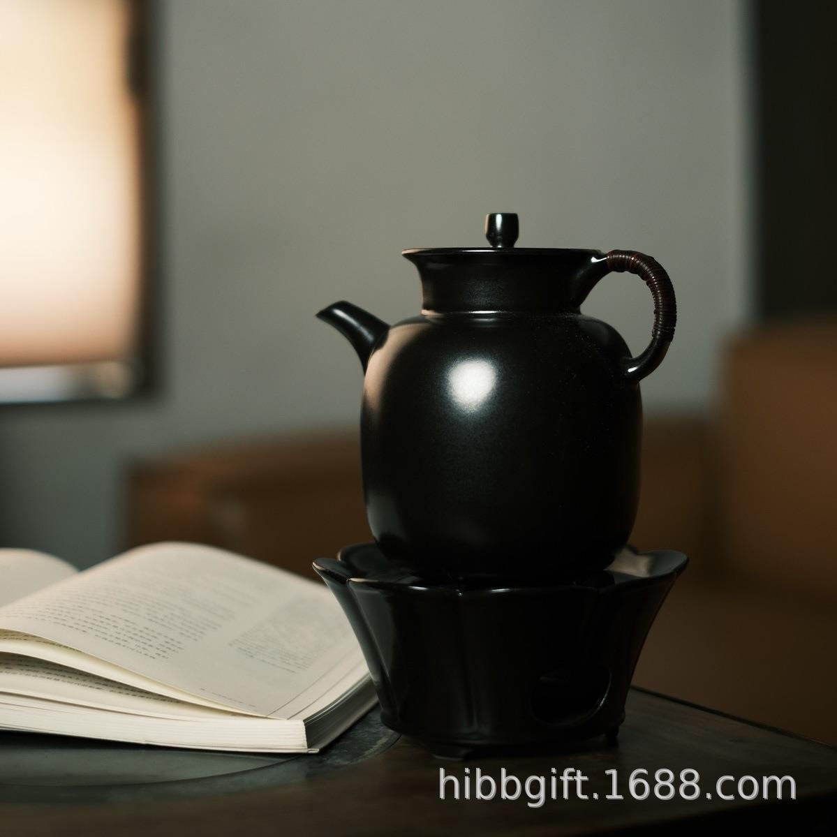 新品梵山堂陶壶玄黑壶系列露雨执壶煮水壶手工煮茶壶花口酒精炉