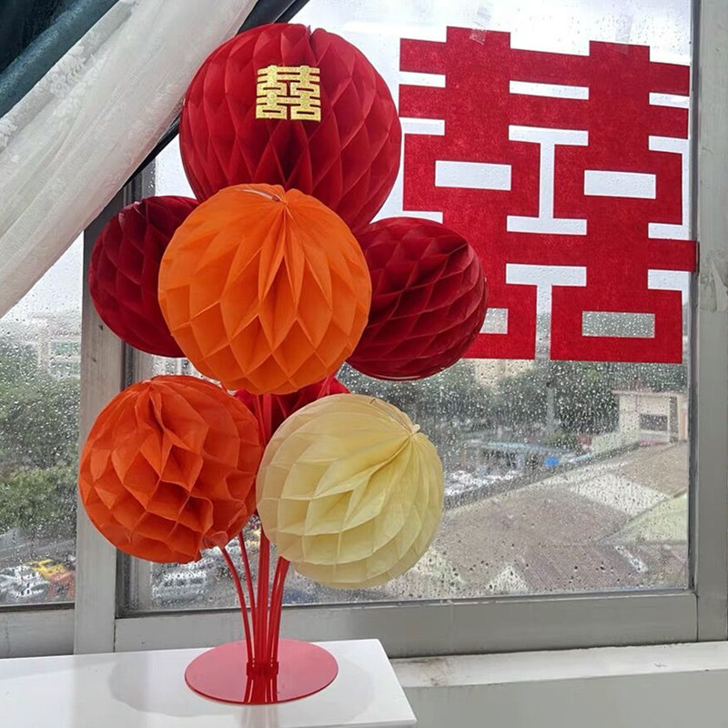 蜂窝球结婚新房间布置立柱婚礼卧室客厅装饰福喜字拉花蜂窝球桌飘
