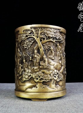 纯铜笔筒摆件黄铜复古笔筒人物笔筒工艺品大号文房用品办公室桌面