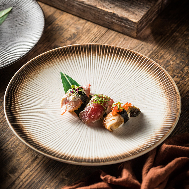 日式线条浅盘牛排盘高级感商用西餐盘牛肉配菜盘子饺子盘餐具碟盘