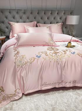 A9L奢华欧式贡缎婚庆四件套大红色床单被套纯棉结婚床上用品