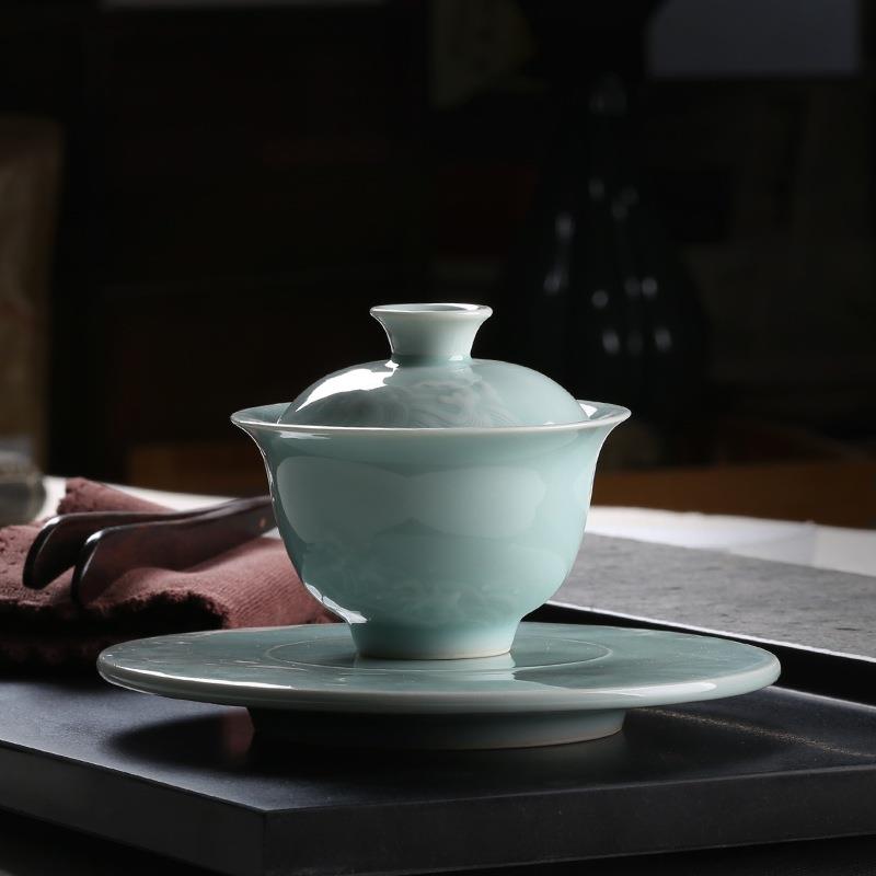 小利青瓷茶具复古风三才盖碗中式听海敬茶碗家用大号普洱茶泡茶碗