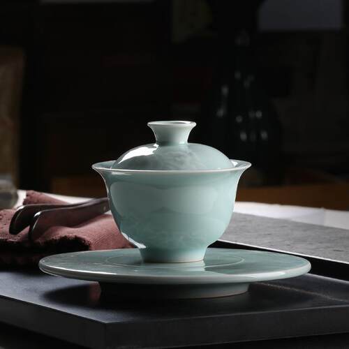 小利青瓷茶具复古风三才盖碗中式听海敬茶碗家用大号普洱茶泡茶碗