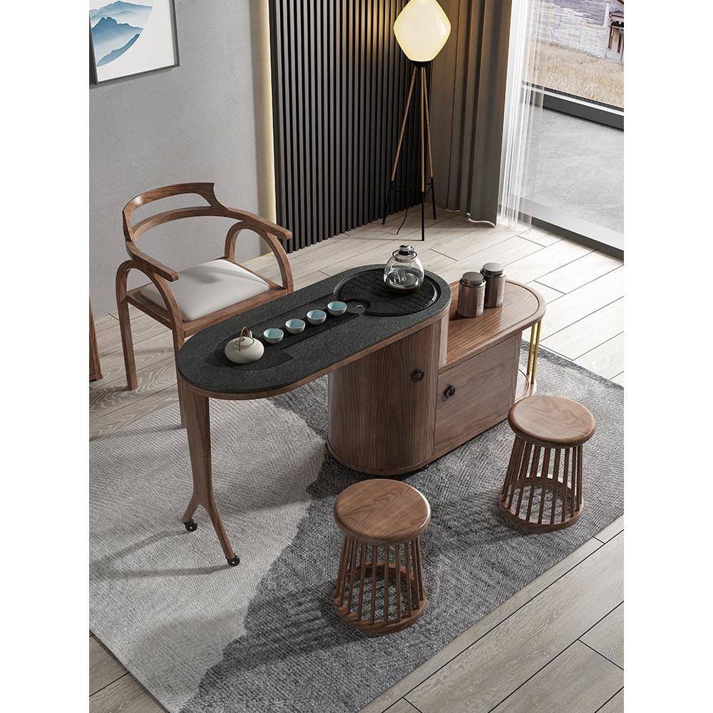 实木茶桌椅组合新中式可移动旋转阳台泡茶桌家用折叠乌金石茶台几