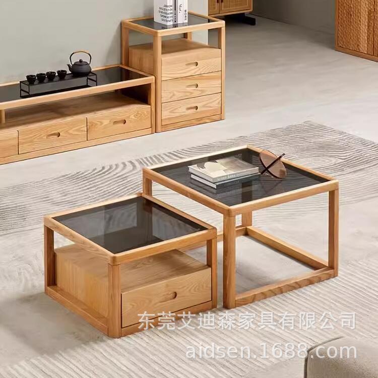 北欧简约四方套几中古风茶几套几日式方糖大小茶几组合玻璃茶桌