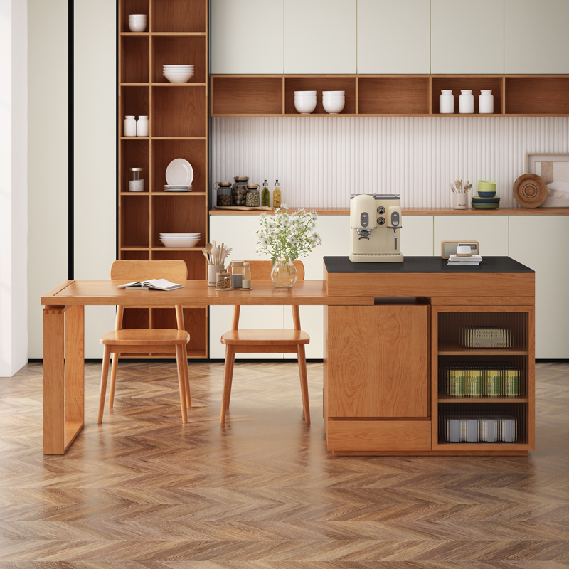 可伸缩实木岩板岛台餐桌一体多功能饭桌复古吧台餐柜厨房整体橱柜