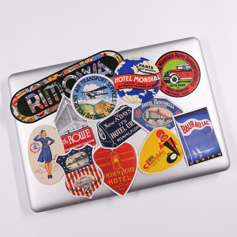 艺贴 12枚欧美复古酒店贴纸日默瓦风贴纸旅行箱拉杆箱贴灰胶防水