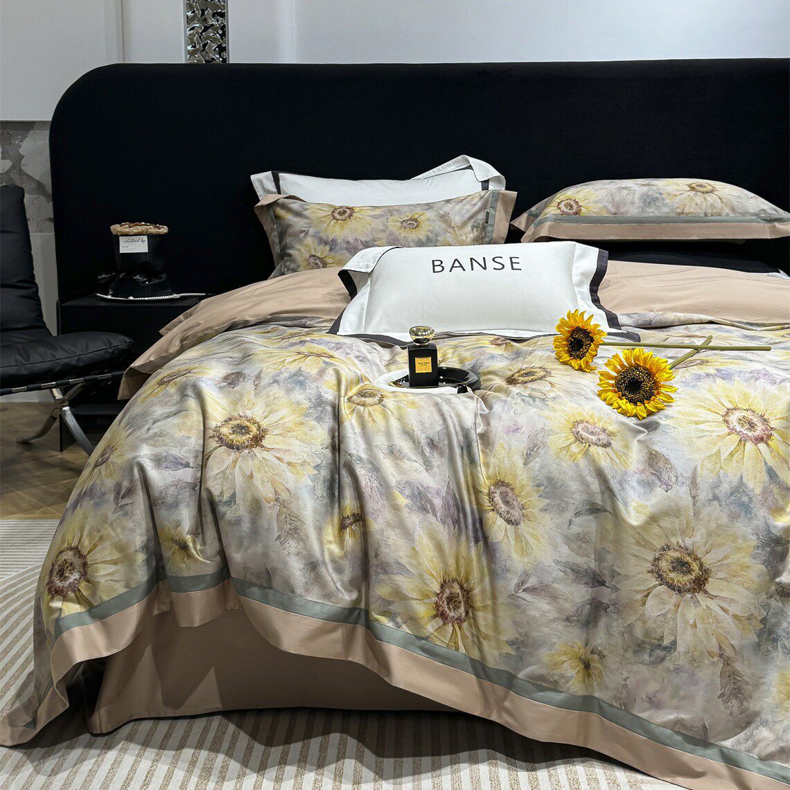 现代简约风向日葵数码印花超柔寝具床品纯棉长绒棉四件套向阳花开