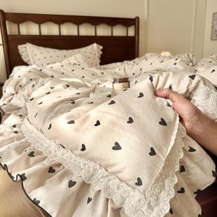 新款全棉双层纱中古风床单款四件套纯棉荷叶边被套床盖三件套