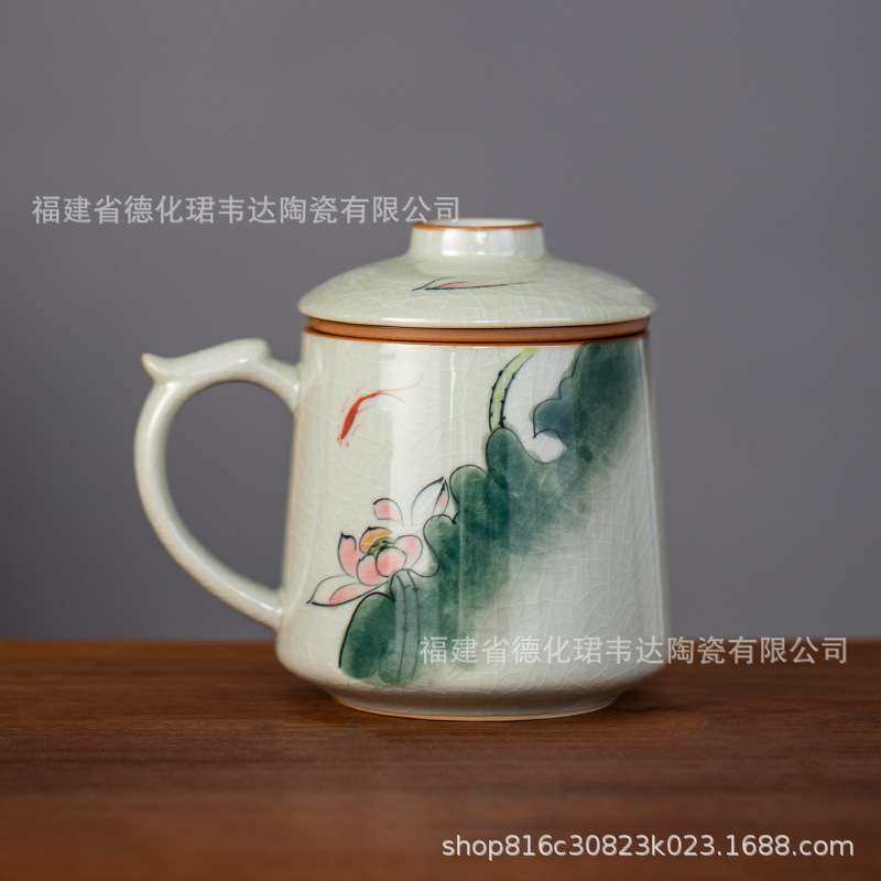 哥窑手绘茶杯陶瓷茶水分离杯个人专用高档办公室带盖带过滤泡茶杯,电子元器件市场,其它元器件,淘宝优惠券,粉丝福利购,淘宝优惠卷