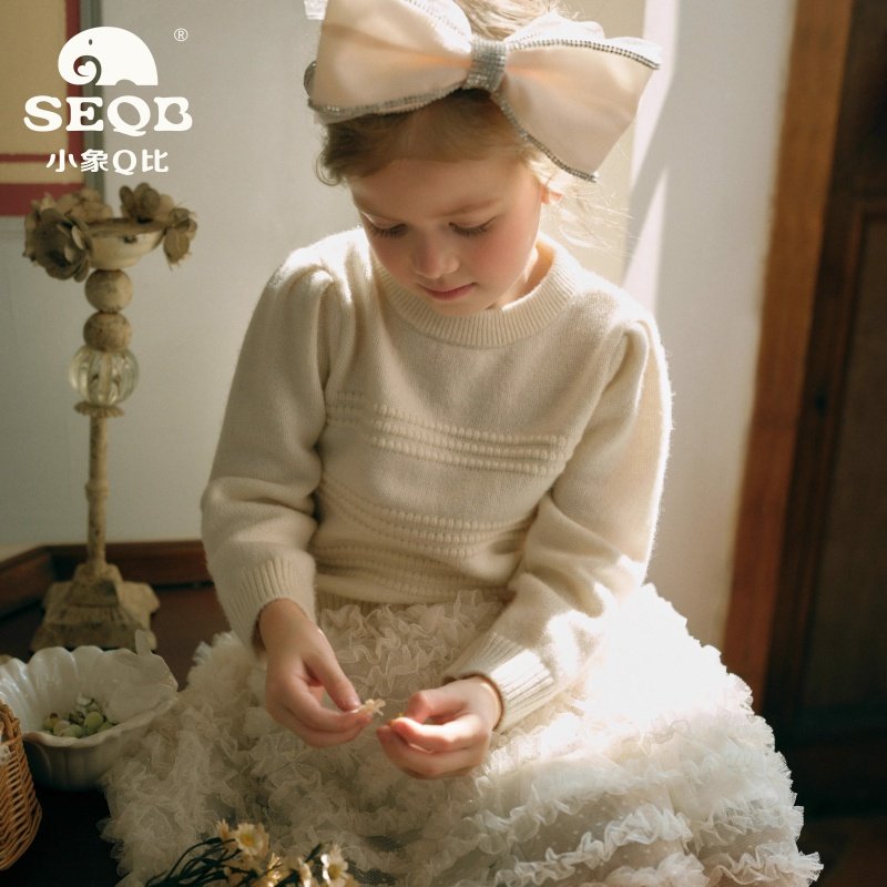 【SEQB小象Q比】2025新款秋冬49%绵羊毛圆领套头毛衣女童装针织衫