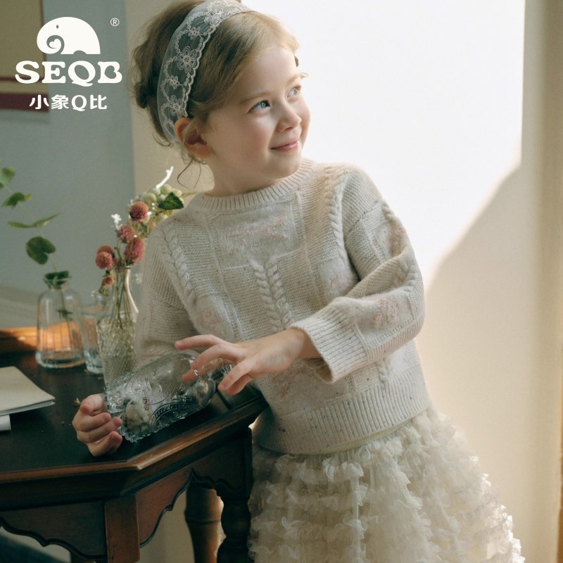 【SEQB小象Q比】2025年60%绵羊毛套头圆领宽松保暖毛衣女童针织衫