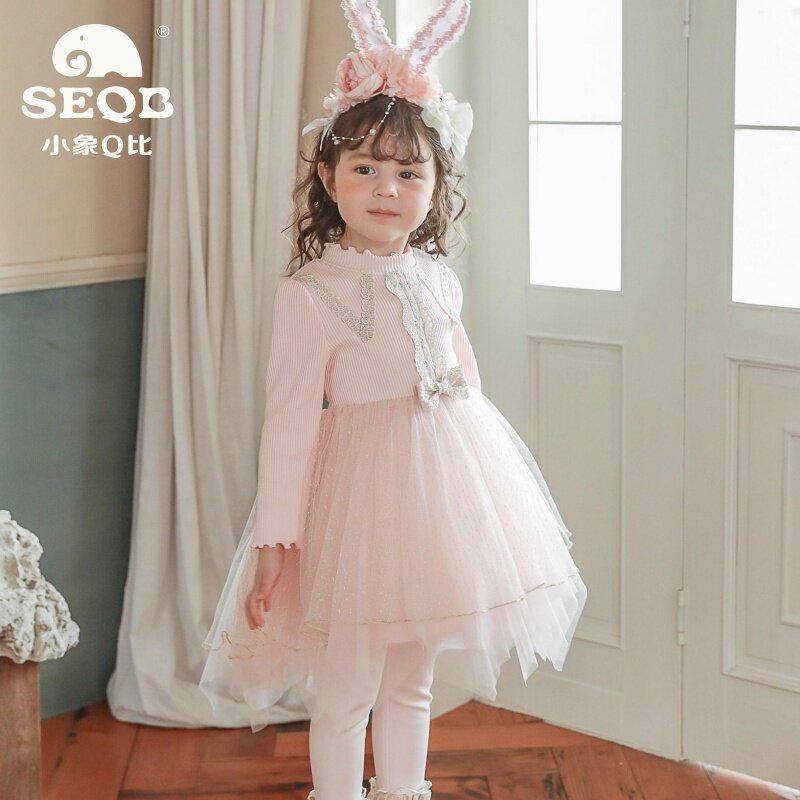 【SEQB小象Q比】秋冬款网纱长袖针织连衣裙套头荷叶边领礼裙