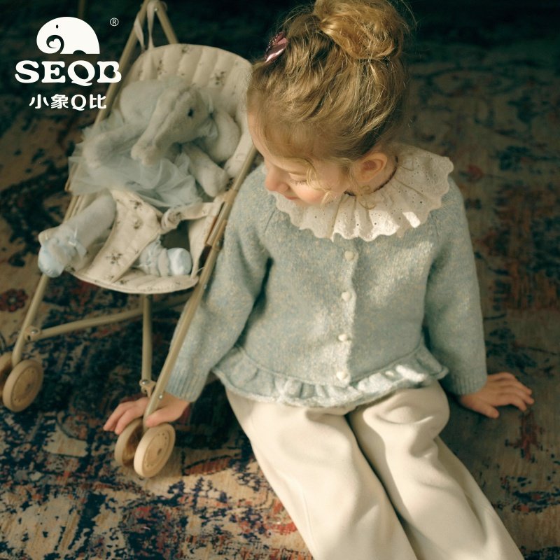 【SEQB小象Q比】2026新款春季针织开衫女荷叶边百搭显瘦毛衣外套,童装/婴儿装/亲子装,毛衣/针织衫,淘宝优惠券,粉丝福利购,淘宝优惠卷