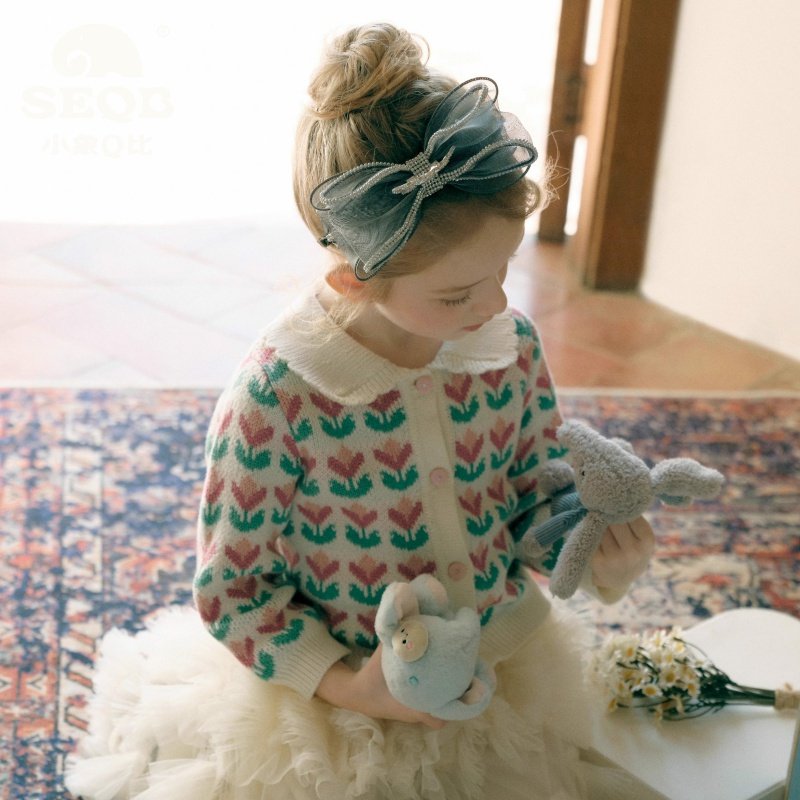 【SEQB小象Q比】2026新款纯棉欧式翻领开衫花朵针织衫女童毛衣