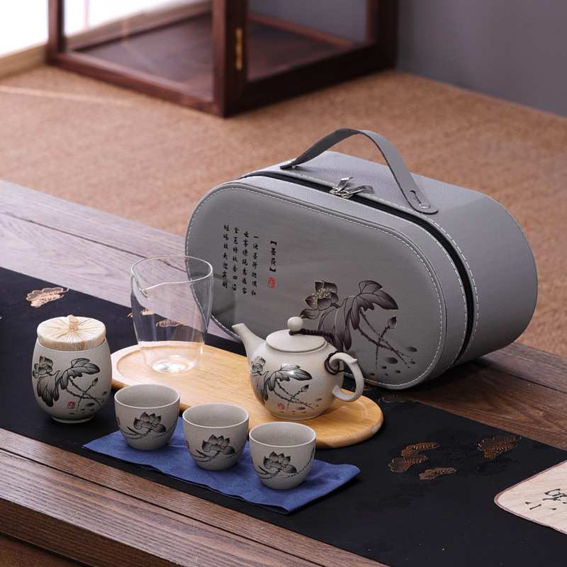 粗陶旅行茶具套装一壶三杯带玻璃茶海干泡盘外出露营车载易收纳