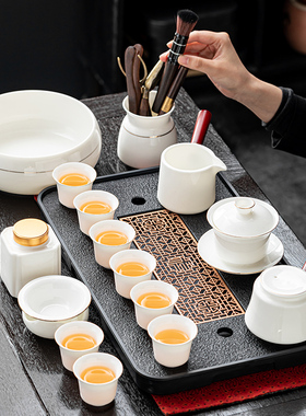 秦艺高档羊脂玉白瓷功夫茶具套装家用办公泡茶壶陶瓷盖碗茶杯送礼