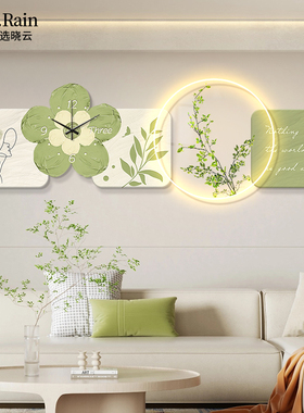奶油风客厅装饰画壁灯2023新款沙发背景墙挂画带钟表灯画卧室壁画