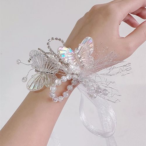 水晶蝴蝶高档新娘手腕花伴娘姐妹团水钻手绑花超仙美婚纱配饰品女