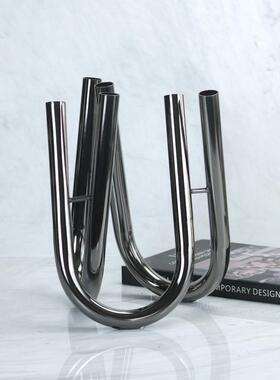 现代简约属装交圆织花器花SDC插摆件黑色管花器样板间客厅桌面金